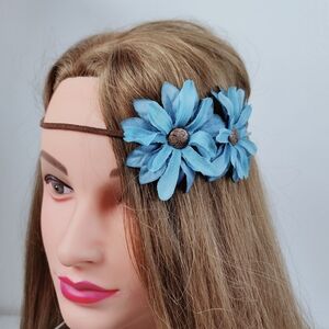 Handmade 20s Style Leather Turquoise Flower Hippie Festival Headband, OS